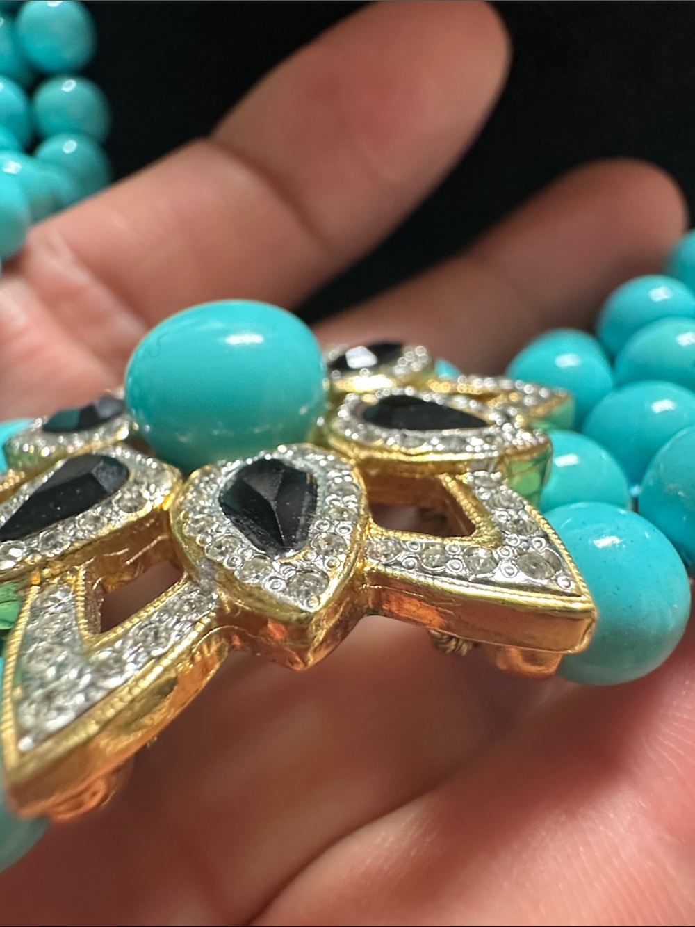 Turquoise Multi-Strand Beaded Necklace with Floral Crystal Accent - Picture 5 of 9